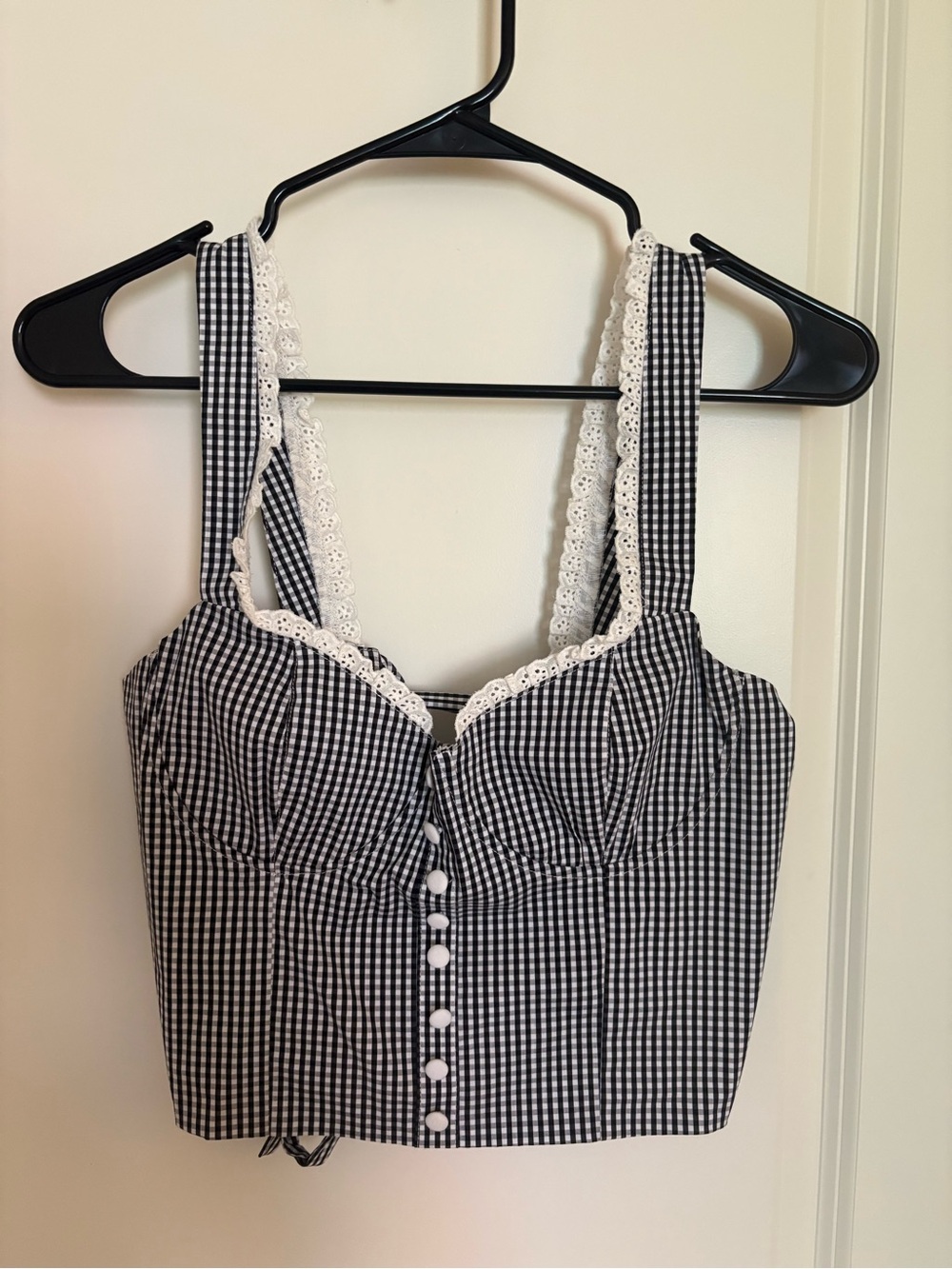 Altar'd State Black and White Gingham Lace-Trim Tank